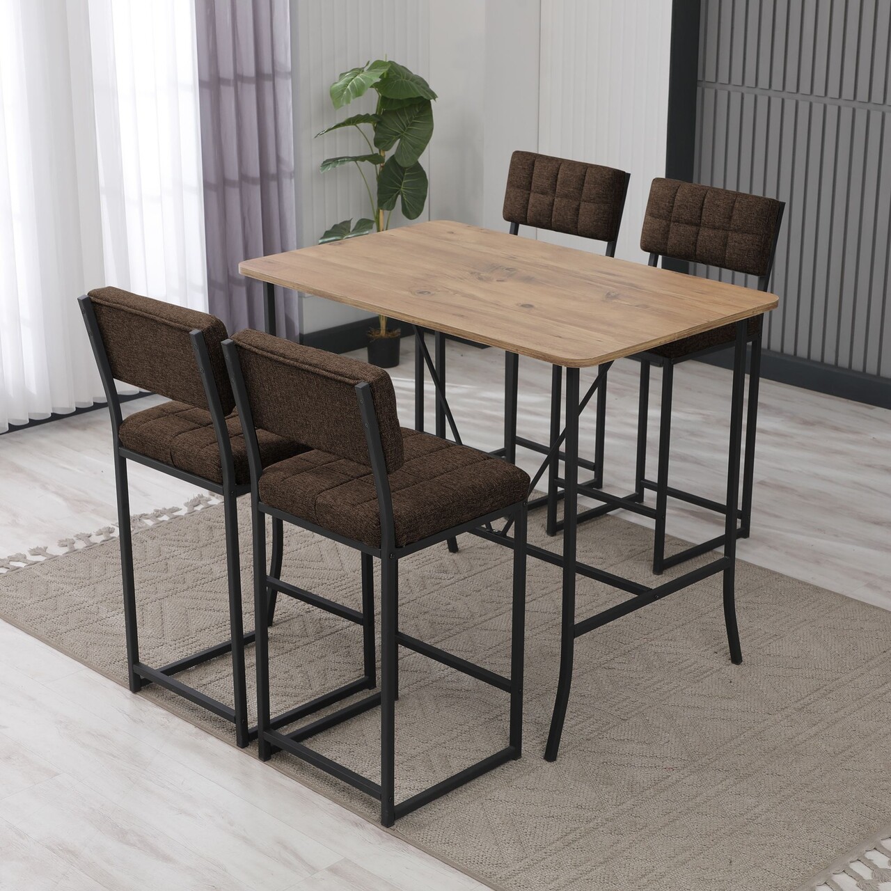 Set masa si 4 scaune de bar, Hanah Home, Retro, Maro / Nuc - imagine 7